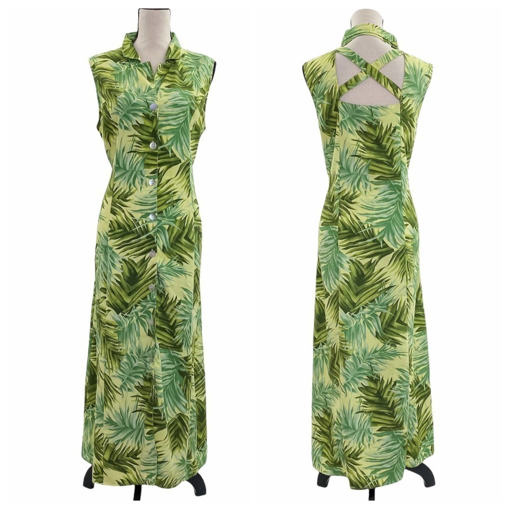 R&k Originals Green Palm Tree Leaf Print Sleeveless Criss-Cross Strappy Dress
